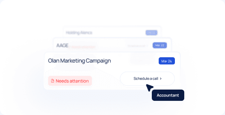 Client list flagging an account that needs attention with a schedule-a-call action