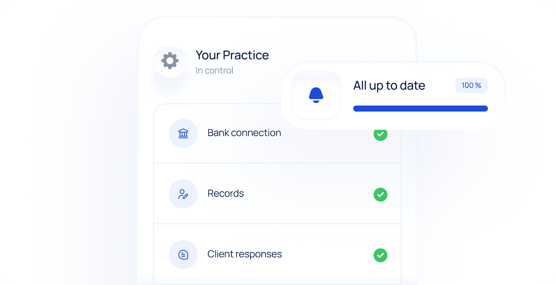 Client Portal showing bank connection, records and client responses up to date