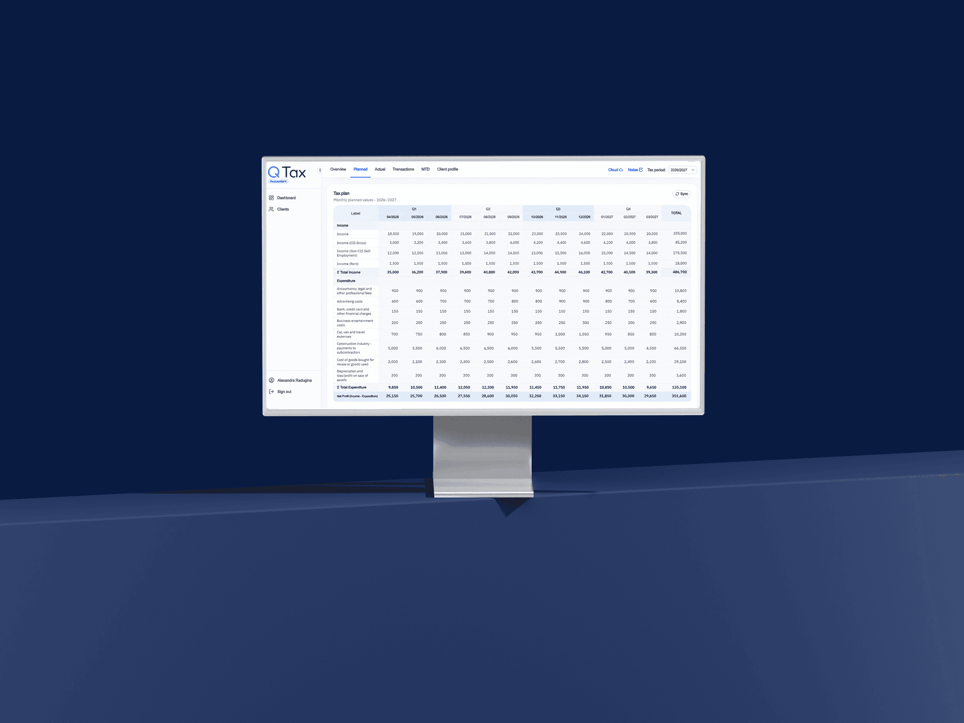 Q Tax Agent practice dashboard showing a tax plan across a client book
